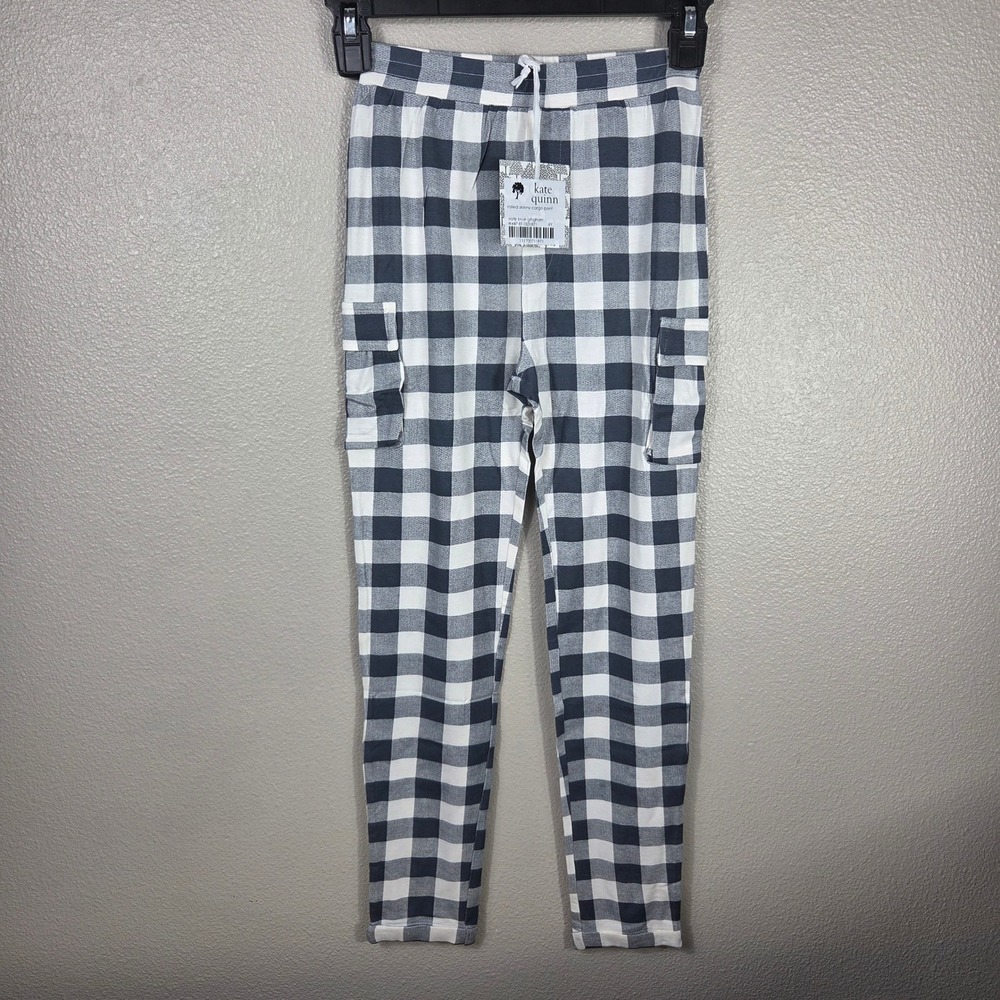 Kate Quinn Girls 8Y Slate Blue Gingham Bamboo Skinny Cargo Pants NWT